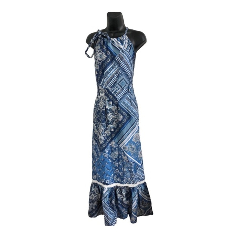 Lucky Brand blue white multi shoulder tie tiered crochet trim maxi dress size M